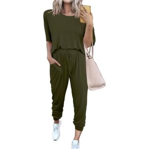 imagePRETTYGARDEN Womens Two Piece Outfit Short Sleeve Pullover with Drawstring Long Pants Tracksuit Jogger SetArmy Green