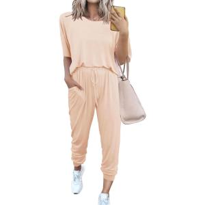 imagePRETTYGARDEN Womens Two Piece Outfit Short Sleeve Pullover with Drawstring Long Pants Tracksuit Jogger SetBeige