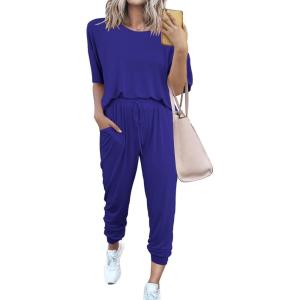 imagePRETTYGARDEN Womens Two Piece Outfit Short Sleeve Pullover with Drawstring Long Pants Tracksuit Jogger SetBlue