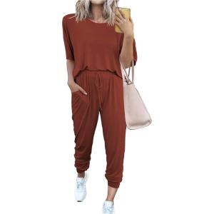 imagePRETTYGARDEN Womens Two Piece Outfit Short Sleeve Pullover with Drawstring Long Pants Tracksuit Jogger SetBrick Red