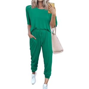 imagePRETTYGARDEN Womens Two Piece Outfit Short Sleeve Pullover with Drawstring Long Pants Tracksuit Jogger SetBright Green