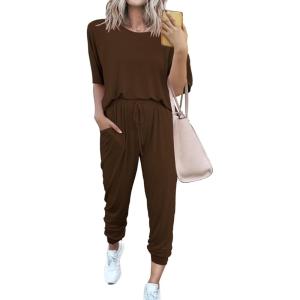 imagePRETTYGARDEN Womens Two Piece Outfit Short Sleeve Pullover with Drawstring Long Pants Tracksuit Jogger SetBrown