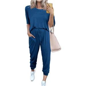 imagePRETTYGARDEN Womens Two Piece Outfit Short Sleeve Pullover with Drawstring Long Pants Tracksuit Jogger SetDark Blue