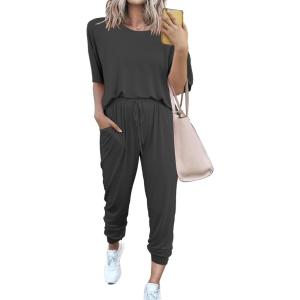 imagePRETTYGARDEN Womens Two Piece Outfit Short Sleeve Pullover with Drawstring Long Pants Tracksuit Jogger SetDark Grey