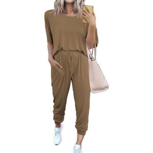 imagePRETTYGARDEN Womens Two Piece Outfit Short Sleeve Pullover with Drawstring Long Pants Tracksuit Jogger SetDark Khaki