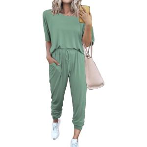 imagePRETTYGARDEN Womens Two Piece Outfit Short Sleeve Pullover with Drawstring Long Pants Tracksuit Jogger SetGreen
