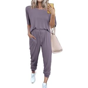 imagePRETTYGARDEN Womens Two Piece Outfit Short Sleeve Pullover with Drawstring Long Pants Tracksuit Jogger SetGrey