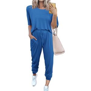 imagePRETTYGARDEN Womens Two Piece Outfit Short Sleeve Pullover with Drawstring Long Pants Tracksuit Jogger SetGrey Blue