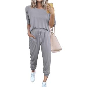 imagePRETTYGARDEN Womens Two Piece Outfit Short Sleeve Pullover with Drawstring Long Pants Tracksuit Jogger SetLight Grey
