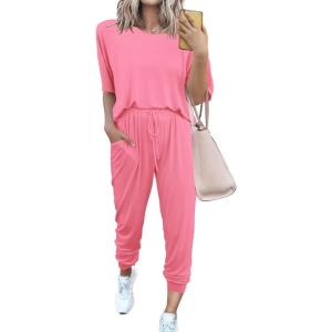 imagePRETTYGARDEN Womens Two Piece Outfit Short Sleeve Pullover with Drawstring Long Pants Tracksuit Jogger SetLight Pink