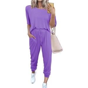 imagePRETTYGARDEN Womens Two Piece Outfit Short Sleeve Pullover with Drawstring Long Pants Tracksuit Jogger SetLight Purple