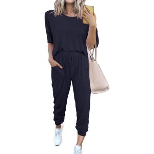 imagePRETTYGARDEN Womens Two Piece Outfit Short Sleeve Pullover with Drawstring Long Pants Tracksuit Jogger SetNavy