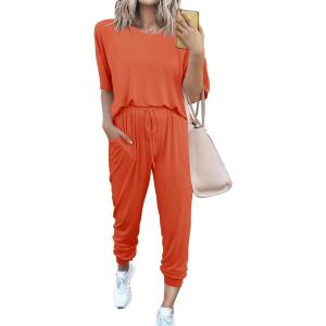 imagePRETTYGARDEN Womens Two Piece Outfit Short Sleeve Pullover with Drawstring Long Pants Tracksuit Jogger SetOrange Red