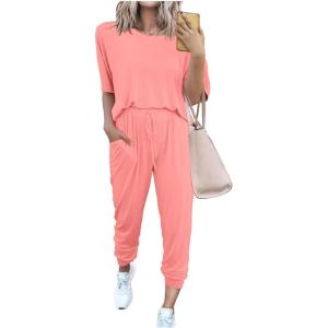 imagePRETTYGARDEN Womens Two Piece Outfit Short Sleeve Pullover with Drawstring Long Pants Tracksuit Jogger SetPink