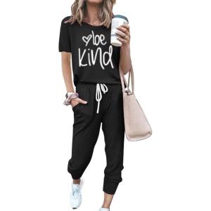 imagePRETTYGARDEN Womens Two Piece Outfit Short Sleeve Pullover with Drawstring Long Pants Tracksuit Jogger SetPrint Black
