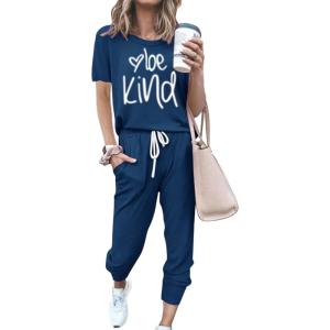 imagePRETTYGARDEN Womens Two Piece Outfit Short Sleeve Pullover with Drawstring Long Pants Tracksuit Jogger SetPrint Dark Blue