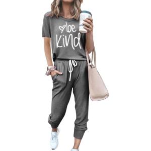 imagePRETTYGARDEN Womens Two Piece Outfit Short Sleeve Pullover with Drawstring Long Pants Tracksuit Jogger SetPrint Dark Grey