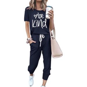 imagePRETTYGARDEN Womens Two Piece Outfit Short Sleeve Pullover with Drawstring Long Pants Tracksuit Jogger SetPrint Navy