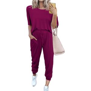 imagePRETTYGARDEN Womens Two Piece Outfit Short Sleeve Pullover with Drawstring Long Pants Tracksuit Jogger SetPurple