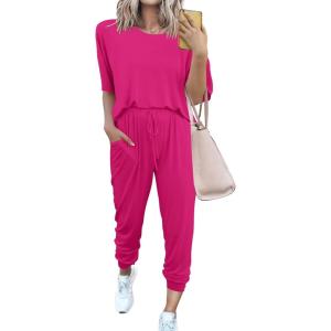 imagePRETTYGARDEN Womens Two Piece Outfit Short Sleeve Pullover with Drawstring Long Pants Tracksuit Jogger SetRose Red