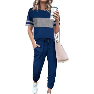 imagePRETTYGARDEN Womens Two Piece Outfit Short Sleeve Pullover with Drawstring Long Pants Tracksuit Jogger SetStriped Bright Blue