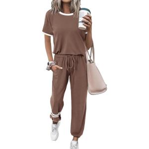 imagePRETTYGARDEN Womens Two Piece Outfit Short Sleeve Pullover with Drawstring Long Pants Tracksuit Jogger SetStripes Khaki