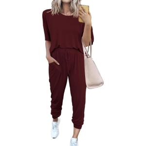 imagePRETTYGARDEN Womens Two Piece Outfit Short Sleeve Pullover with Drawstring Long Pants Tracksuit Jogger SetWine Red