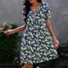 imagePRETTYGARDEN Summer Dress for Women 2024 Short Sleeve V Neck Ruffle Floral Swing ALine Short DressesBlue White