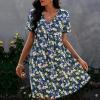 imagePRETTYGARDEN Summer Dress for Women 2024 Short Sleeve V Neck Ruffle Floral Swing ALine Short DressesBlue White
