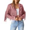 imagePRETTYGARDEN Womens Fringe Faux Suede Leather Jackets 2024 Fashion Tassel Motorcycle Cropped CoatsDark Pink