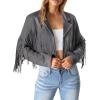 imagePRETTYGARDEN Womens Fringe Faux Suede Leather Jackets 2024 Fashion Tassel Motorcycle Cropped CoatsSilver Grey