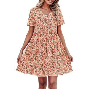 imagePRETTYGARDEN Summer Dress for Women 2024 Short Sleeve V Neck Ruffle Floral Swing ALine Short DressesOrange Pink
