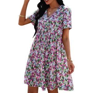 imagePRETTYGARDEN Summer Dress for Women 2024 Short Sleeve V Neck Ruffle Floral Swing ALine Short DressesPurple