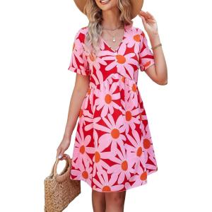 imagePRETTYGARDEN Summer Dress for Women 2024 Short Sleeve V Neck Ruffle Floral Swing ALine Short DressesRed Floral