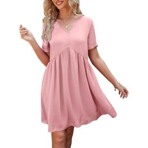 imagePRETTYGARDEN Summer Dress for Women 2024 Short Sleeve V Neck Ruffle Floral Swing ALine Short DressesSolid Pink