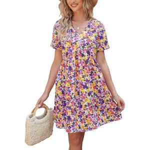 imagePRETTYGARDEN Summer Dress for Women 2024 Short Sleeve V Neck Ruffle Floral Swing ALine Short DressesWhite Purple Floral