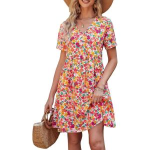 imagePRETTYGARDEN Summer Dress for Women 2024 Short Sleeve V Neck Ruffle Floral Swing ALine Short DressesWhite Red Floral