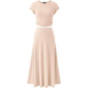 imagePRETTYGARDEN Womens 2 Piece Summer Outfits Dressy Casual Knit Short Sleeve Crop Top High Waist Midi Skirt SetBeige