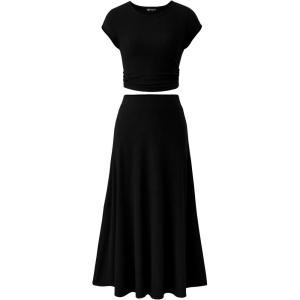 imagePRETTYGARDEN Womens 2 Piece Summer Outfits Dressy Casual Knit Short Sleeve Crop Top High Waist Midi Skirt SetBlack