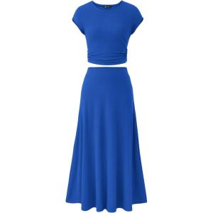 imagePRETTYGARDEN Womens 2 Piece Summer Outfits Dressy Casual Knit Short Sleeve Crop Top High Waist Midi Skirt SetBlue