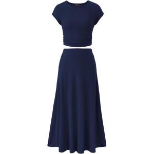 imagePRETTYGARDEN Womens 2 Piece Summer Outfits Dressy Casual Knit Short Sleeve Crop Top High Waist Midi Skirt SetDark Blue