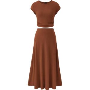 imagePRETTYGARDEN Womens 2 Piece Summer Outfits Dressy Casual Knit Short Sleeve Crop Top High Waist Midi Skirt SetDark Brown