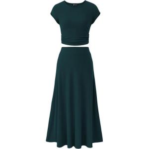 imagePRETTYGARDEN Womens 2 Piece Summer Outfits Dressy Casual Knit Short Sleeve Crop Top High Waist Midi Skirt SetDark Green