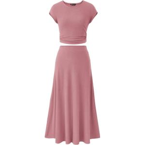 imagePRETTYGARDEN Womens 2 Piece Summer Outfits Dressy Casual Knit Short Sleeve Crop Top High Waist Midi Skirt SetDusty Pink