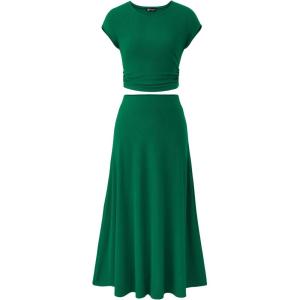 imagePRETTYGARDEN Womens 2 Piece Summer Outfits Dressy Casual Knit Short Sleeve Crop Top High Waist Midi Skirt SetGreen
