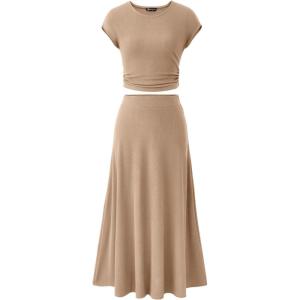 imagePRETTYGARDEN Womens 2 Piece Summer Outfits Dressy Casual Knit Short Sleeve Crop Top High Waist Midi Skirt SetKhaki