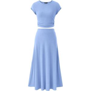 imagePRETTYGARDEN Womens 2 Piece Summer Outfits Dressy Casual Knit Short Sleeve Crop Top High Waist Midi Skirt SetLight Blue