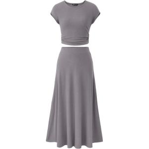 imagePRETTYGARDEN Womens 2 Piece Summer Outfits Dressy Casual Knit Short Sleeve Crop Top High Waist Midi Skirt SetLight Grey