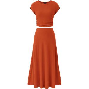 imagePRETTYGARDEN Womens 2 Piece Summer Outfits Dressy Casual Knit Short Sleeve Crop Top High Waist Midi Skirt SetOrange