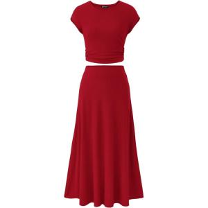 imagePRETTYGARDEN Womens 2 Piece Summer Outfits Dressy Casual Knit Short Sleeve Crop Top High Waist Midi Skirt SetRed